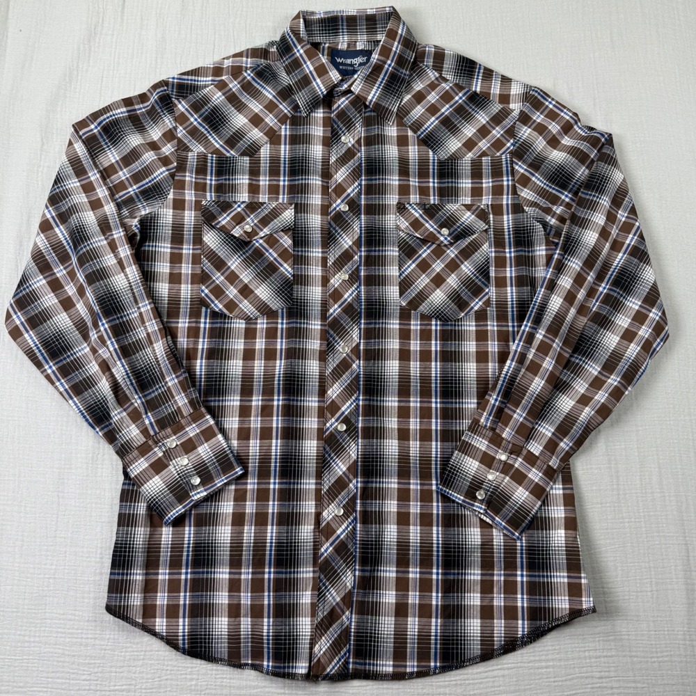 VTG Wrangler Pearl Snap Shirt Mens‎ Medium Brown Plaid Long Sleeve Western Rodeo